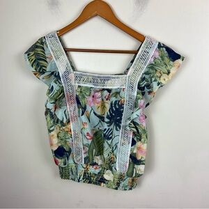 OLM Women’s Tropical Floral Smocked Flutter Sleeve Tank‎ Top Blouse Size Medium